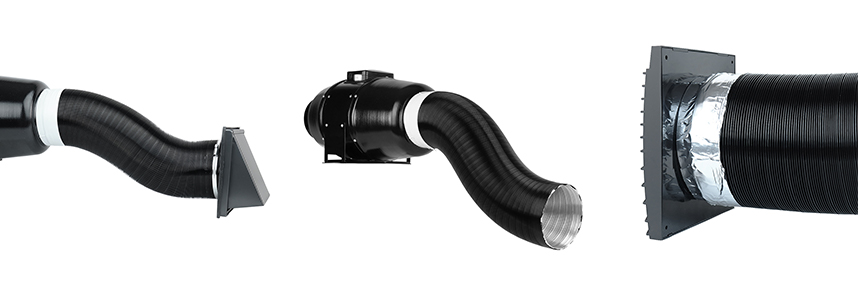 Černou vzduchovou flexi hadici Dalap ALUDAP D lze snadno napojit na ventilátory i větrací mřížky.