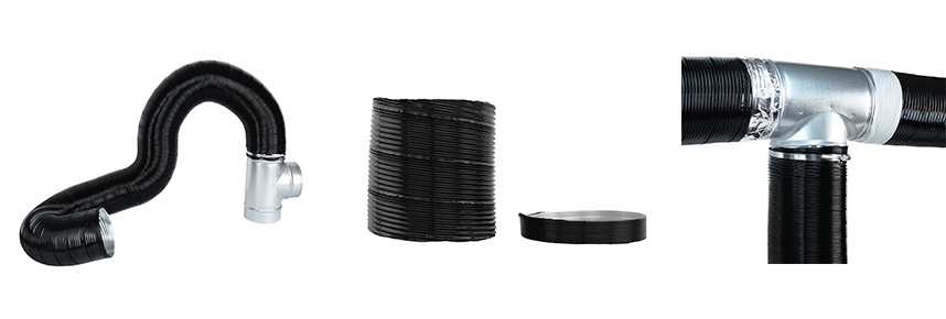 Černé hliníkové ohebné potrubí Dalap ALUDAP D je možné tvarovat, roztahovat i montovat dle potřeby.
