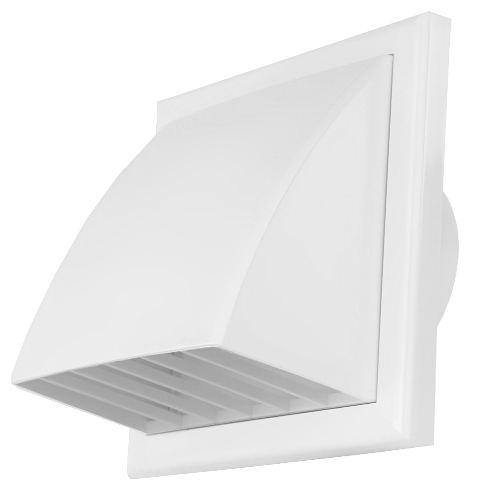 PVC větrací mřížka se stříškou, přírubou a klapkou 154x154 mm / Ø 100 mm, bílá