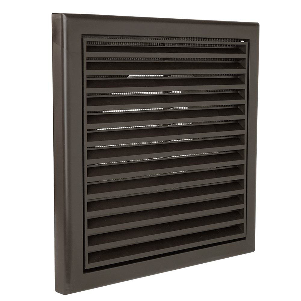PVC větrací mřížka se síťkou, pevnou žaluzií 186x186 mm a přírubou Ø 125 mm, hnědá